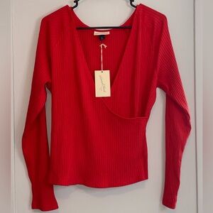 Women’s Universal Thread Red Ribbed Wrap-Front Long Sleeve Top